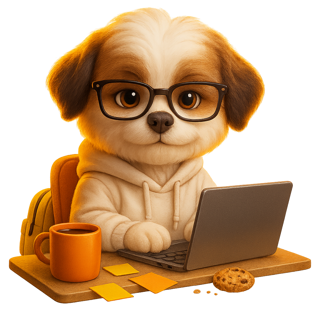 Mascot Theo coding on a tiny laptop with headphones