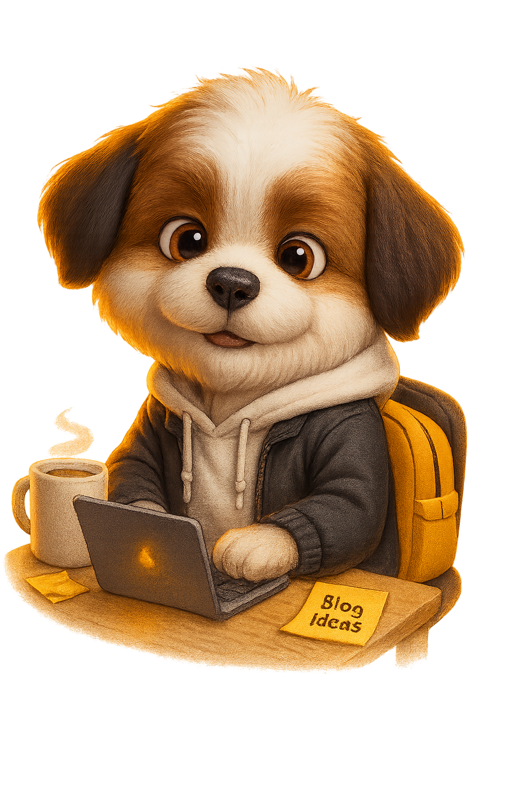 Mascot Theo typing on a laptop with a cup of coffee