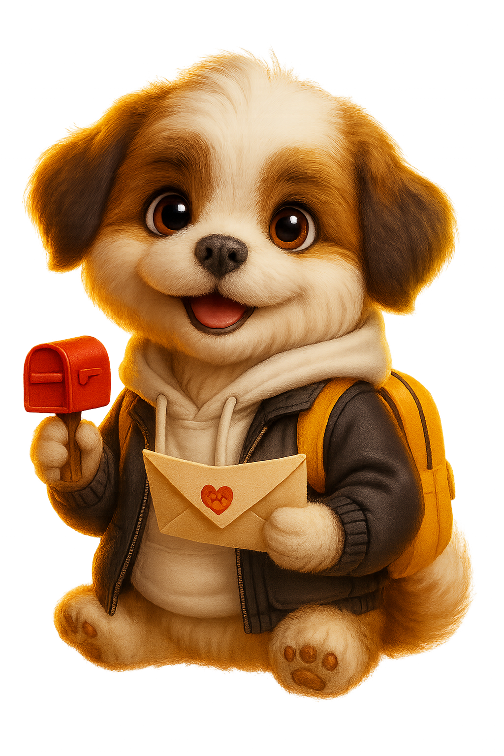 Mascot Theo holding a letter next to a mailbox