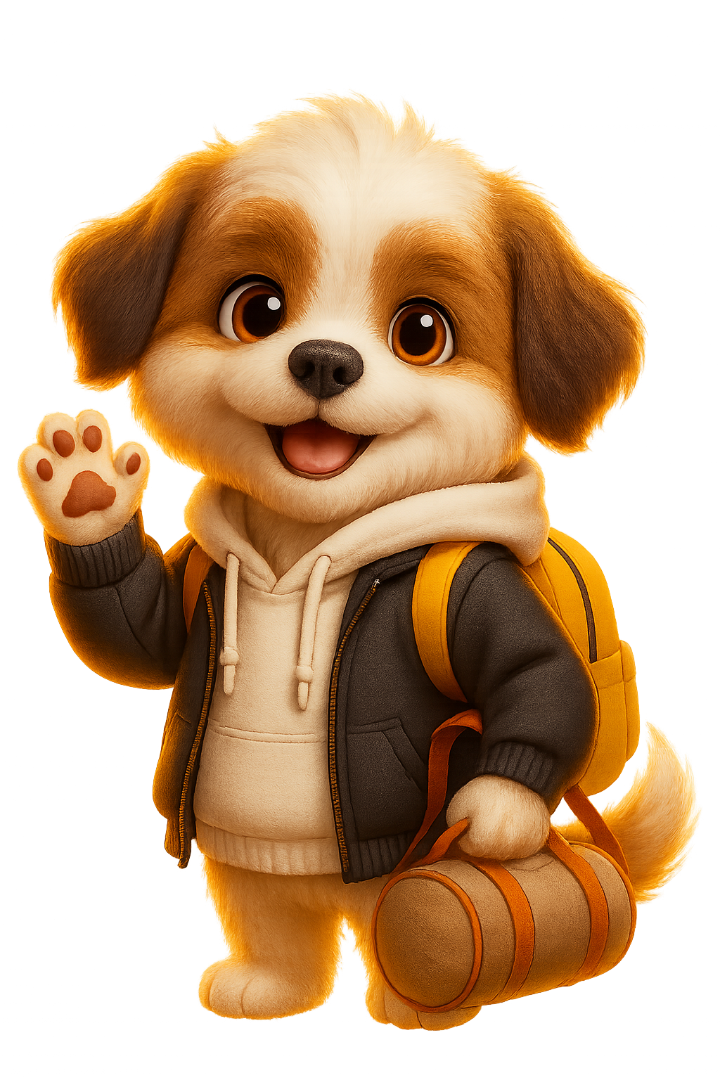 Mascot Theo with a backpack, ready for an adventure