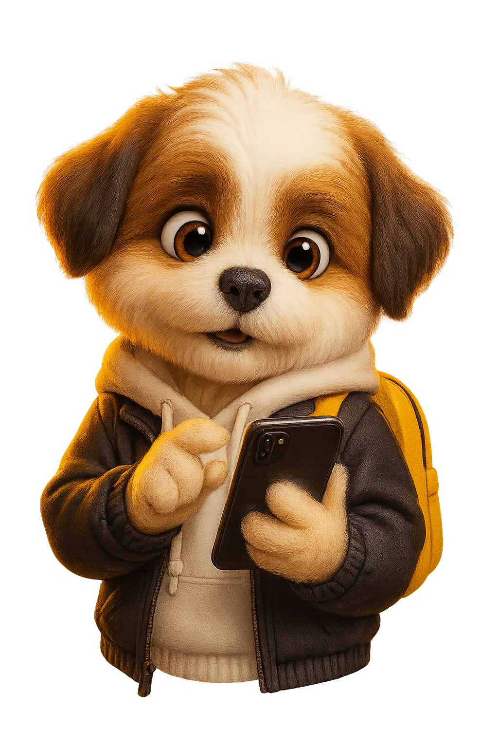 Mascot Theo scrolling on his phone