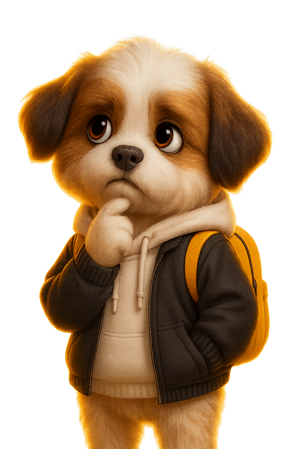 Mascot Theo thinking with a paw on his chin